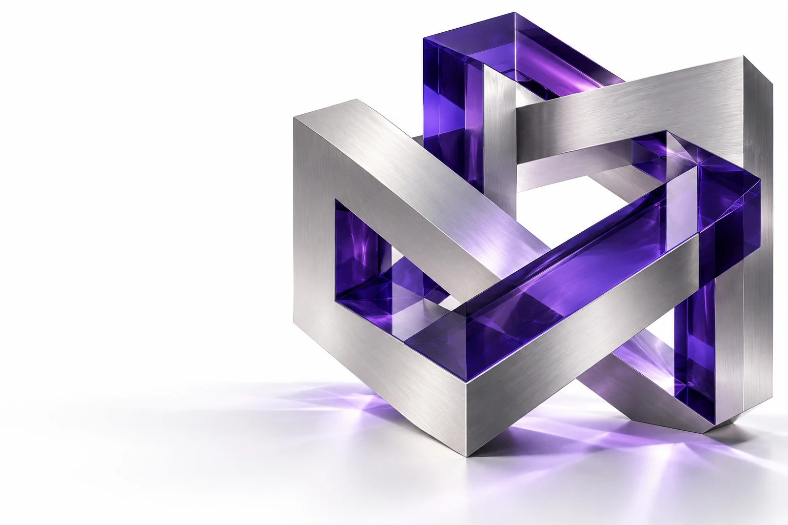 Interlocking violet glass and platinum structures, an expression of connected engineering